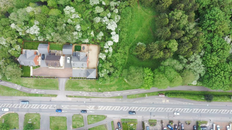 An aerial view of a residential garden showcasing a well-maintained lawn bordered by lush, mature trees with white flowering blossoms and dense greenery. The garden is divided into distinct sections, 